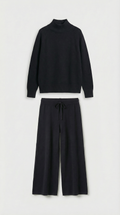 Vilo - Conjunto 100% lana con suéter grueso y pantalones anchos, negro
