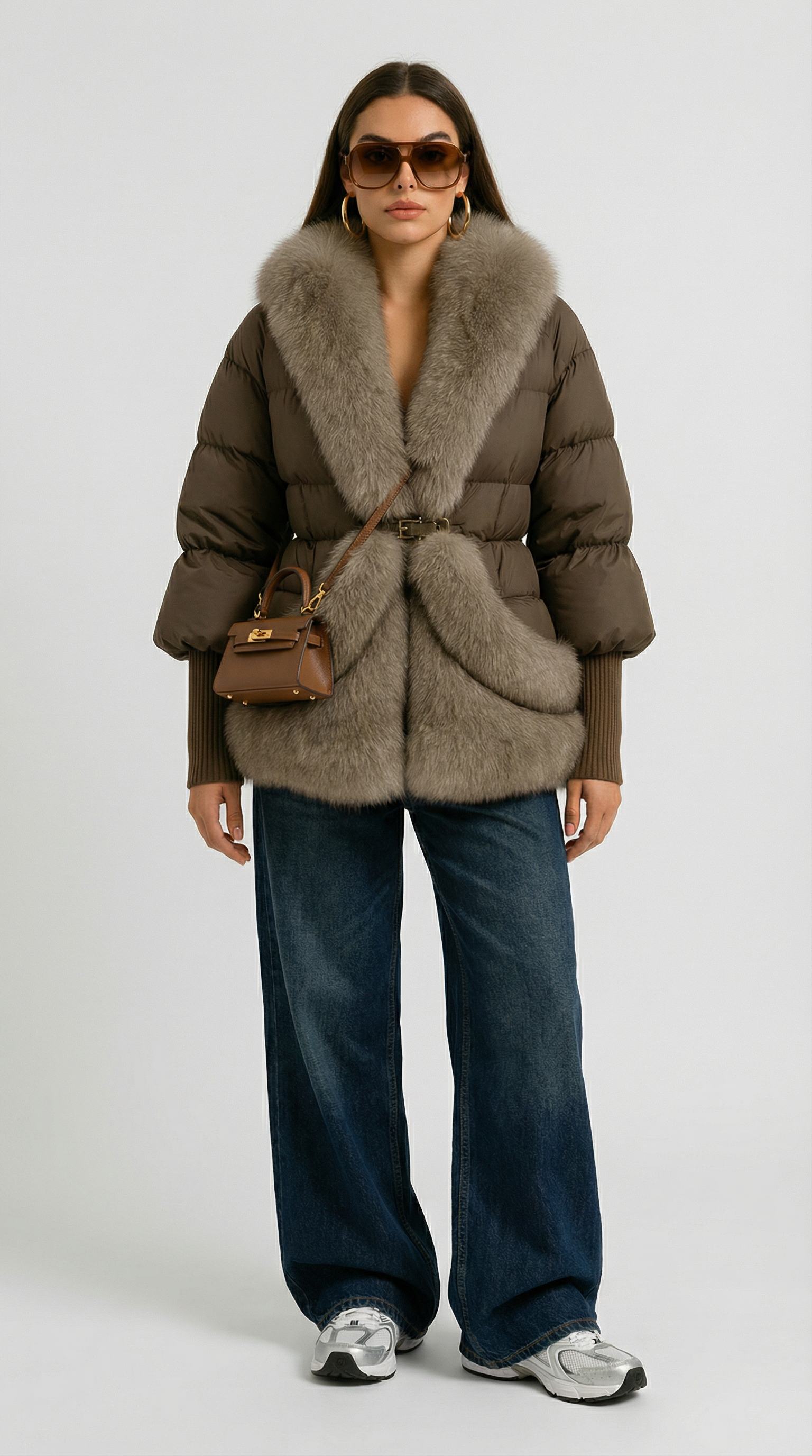 Plume - Chaqueta esponjosa con edredón de ganso premium y cuello de piel de zorro natural