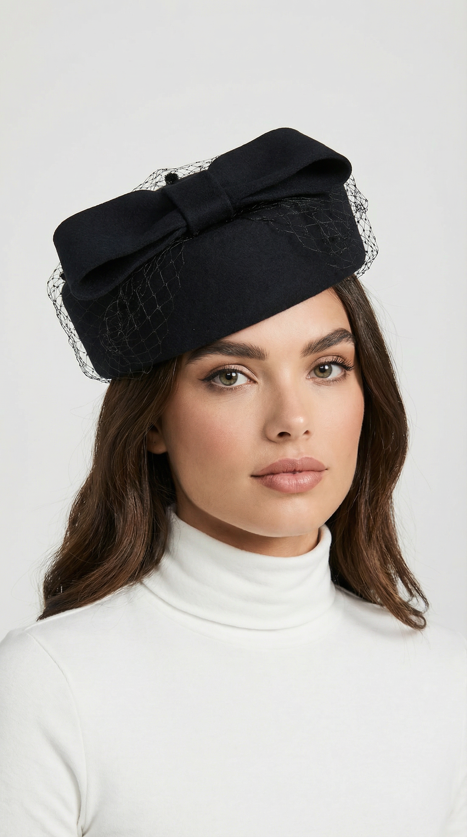 Cite - Wool Beret with Large Bow and Veil Accent Black
