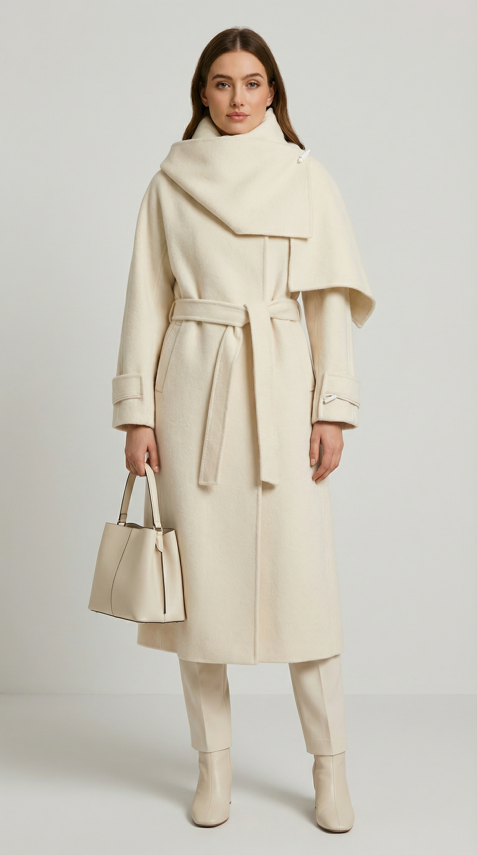 Aurelia - Chaqueta de lana natural doble cara con bufanda suave marfil