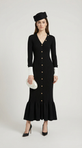 Yva - Fishtail Dress Women with Deep V Neck and Jewellery Buttons Black
