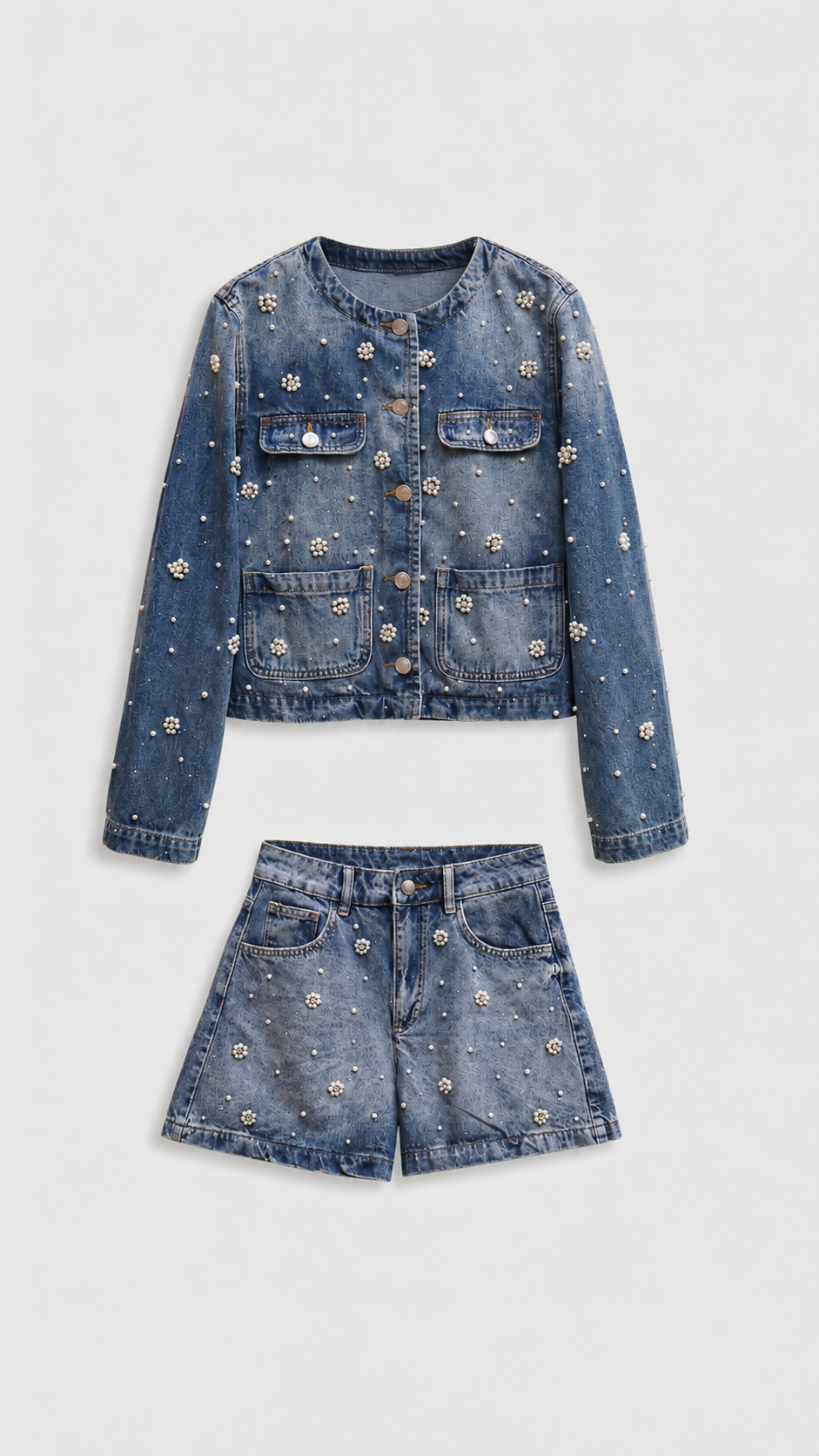 LEKO - CONJUNTO DE DENIM DECORADO CON PERLAS