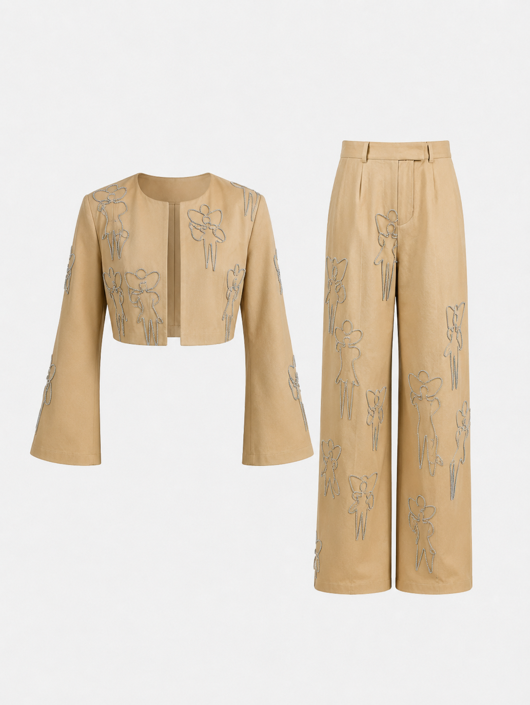 Aura - Set bordado con chaqueta recortada + pantalón de cintura alta