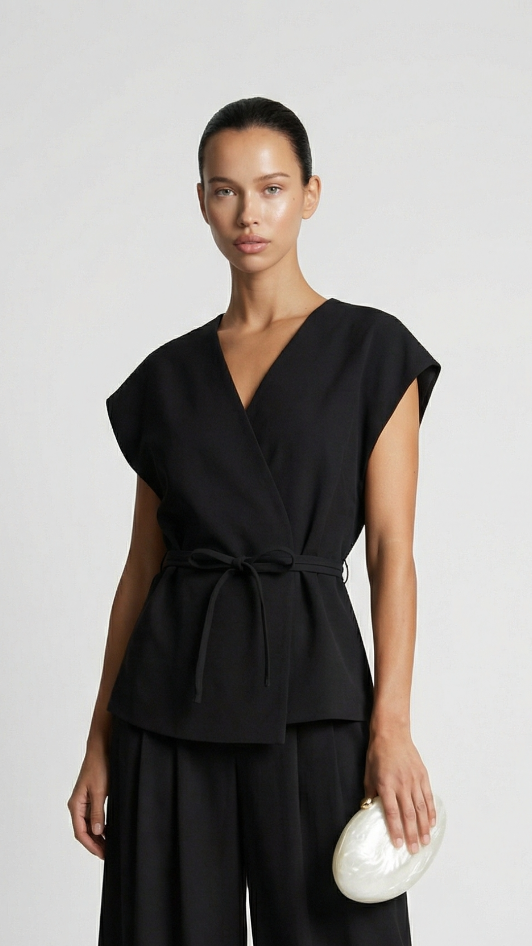 Epure - V-Neck Belted Sleeveless Top Black