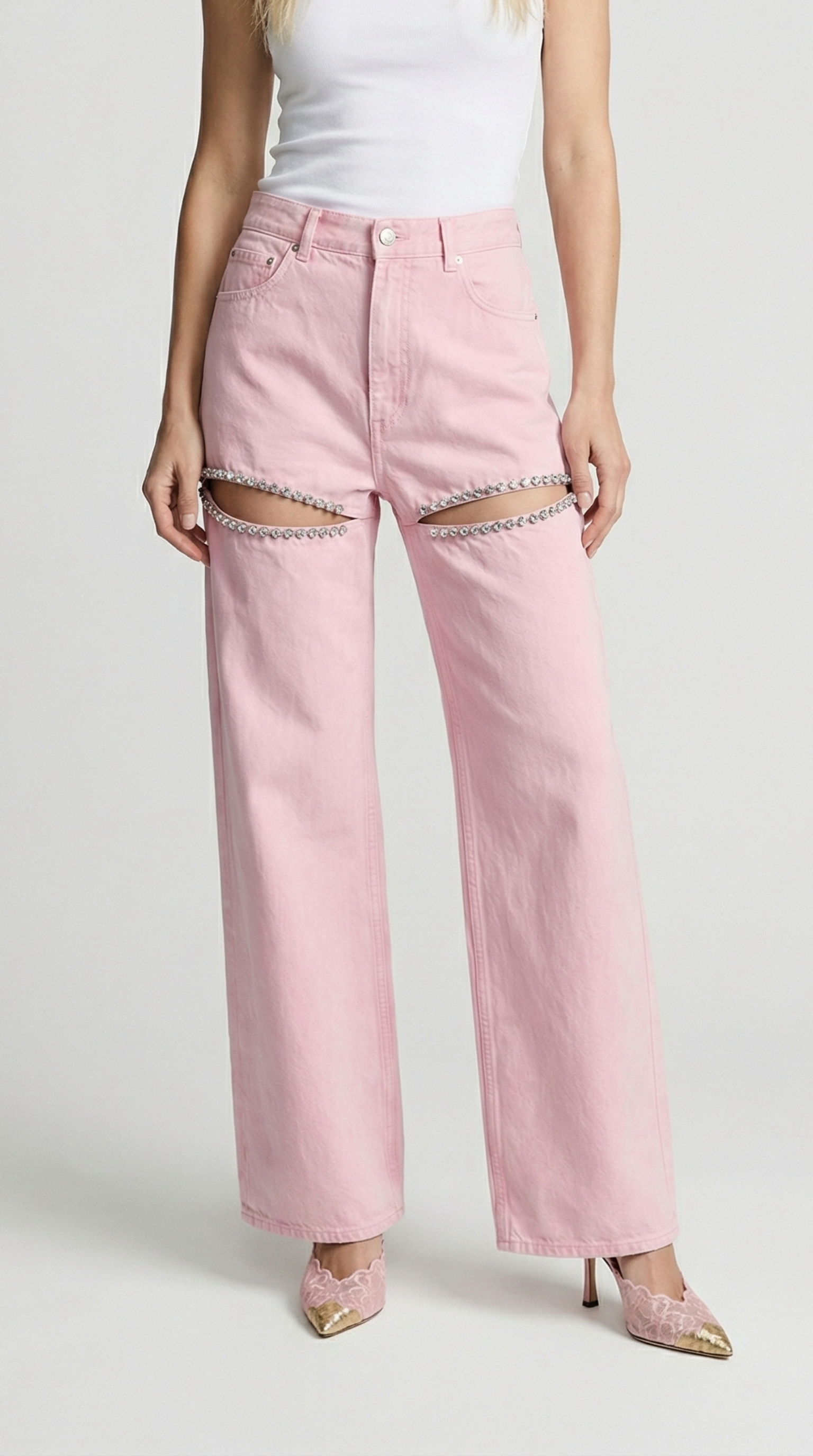 Suri - Spliced Diamond Wide-Leg Cotton Denim Jeans