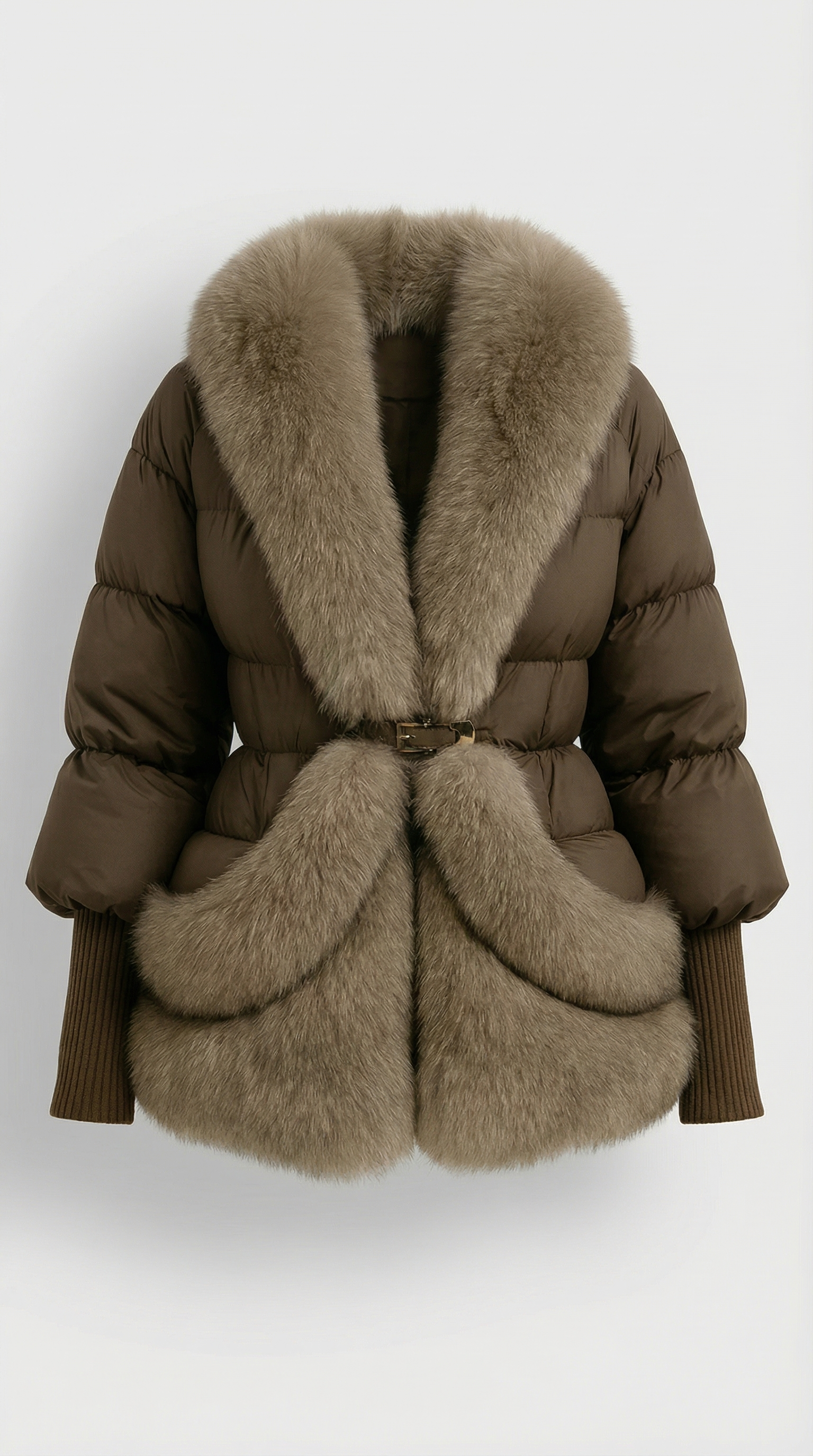Plume - Chaqueta esponjosa con edredón de ganso premium y cuello de piel de zorro natural