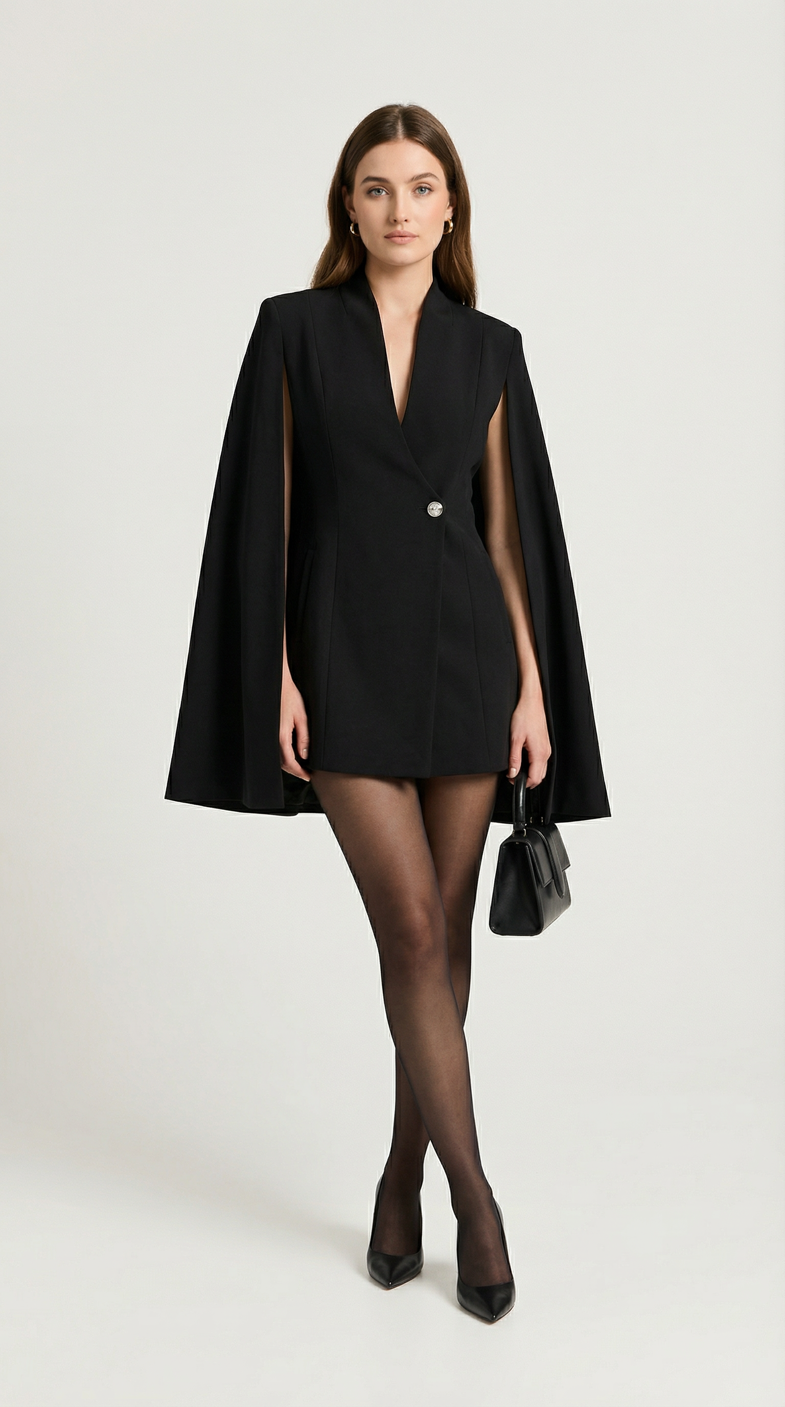 Larienne - Vestido de capa con cuello en V profundo y botón de declaración negro