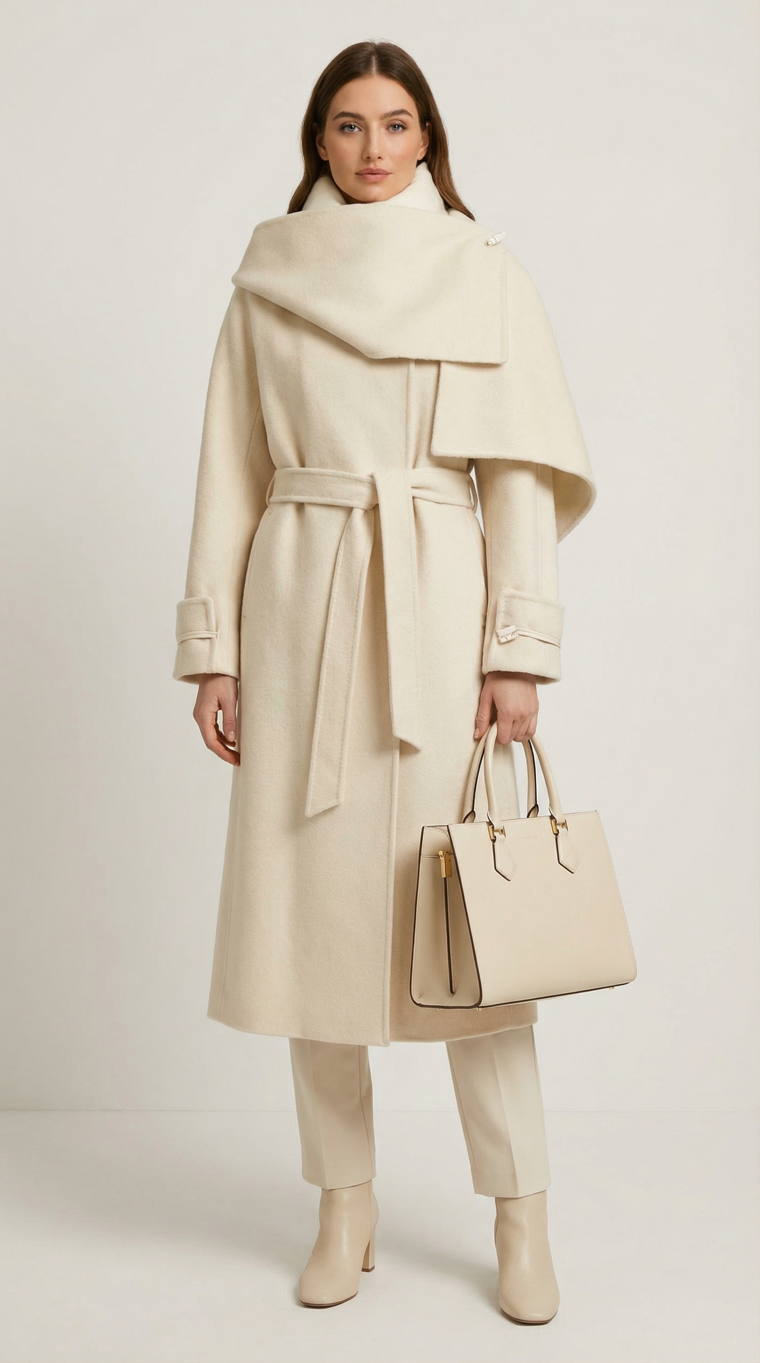 Aurelia - Chaqueta de lana natural doble cara con bufanda suave marfil