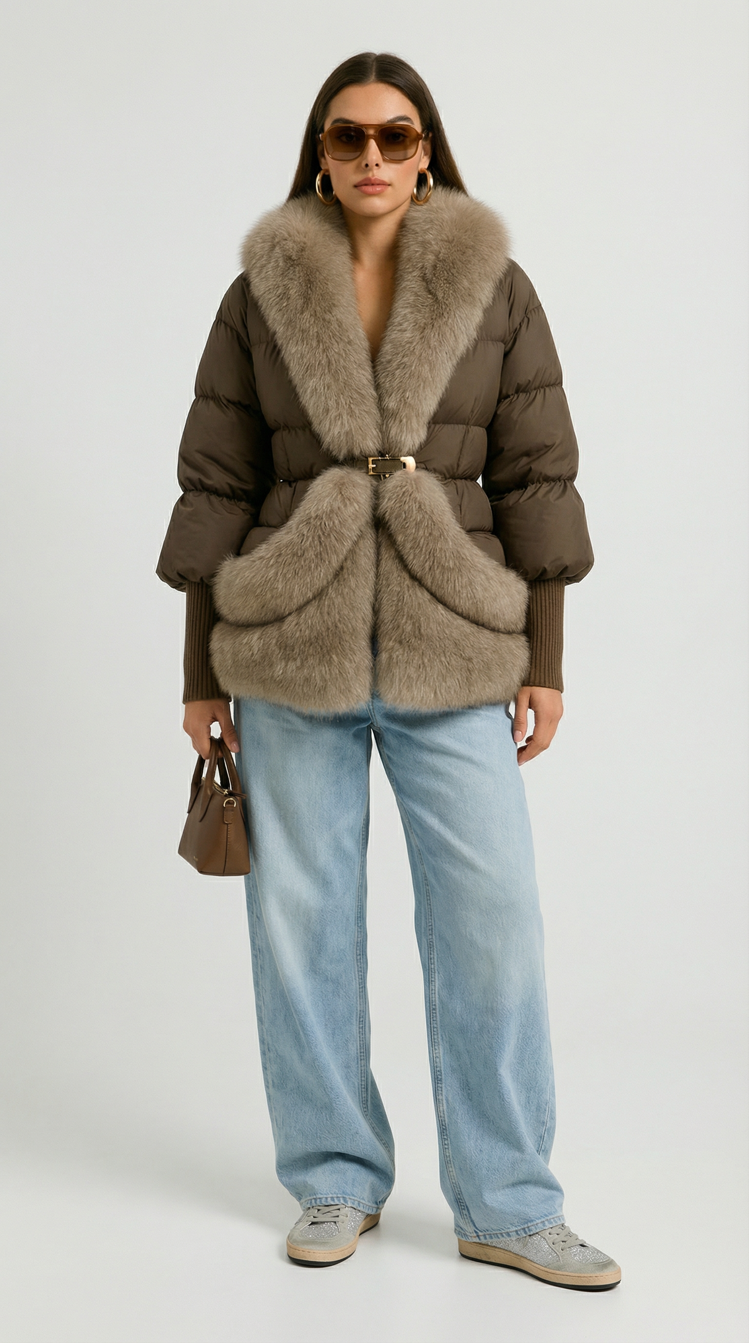 Plume - Chaqueta esponjosa con edredón de ganso premium y cuello de piel de zorro natural