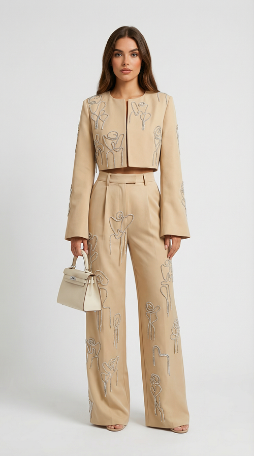 Aura - Set bordado con chaqueta recortada + pantalón de cintura alta