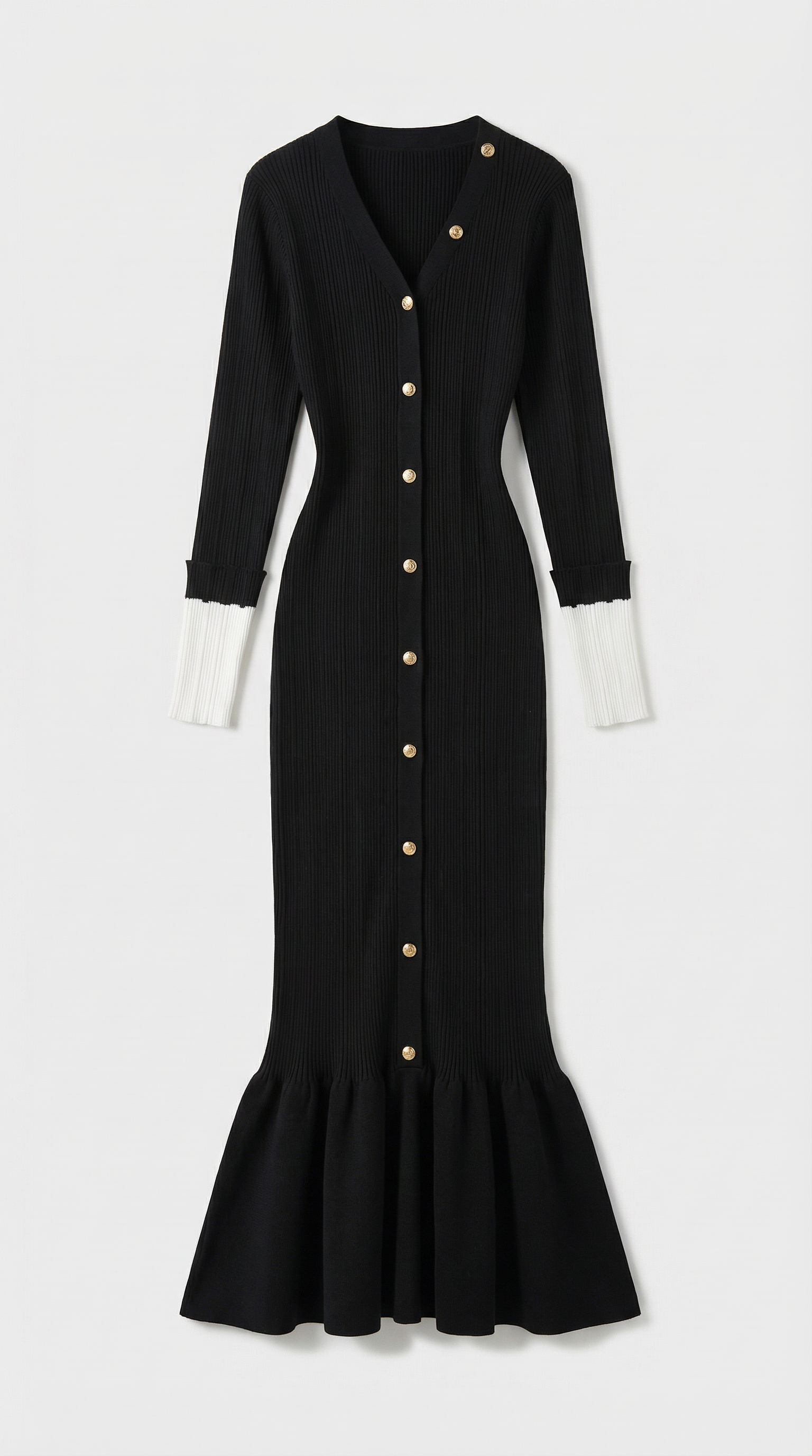 Yva - Fishtail Dress Women with Deep V Neck and Jewellery Buttons Black