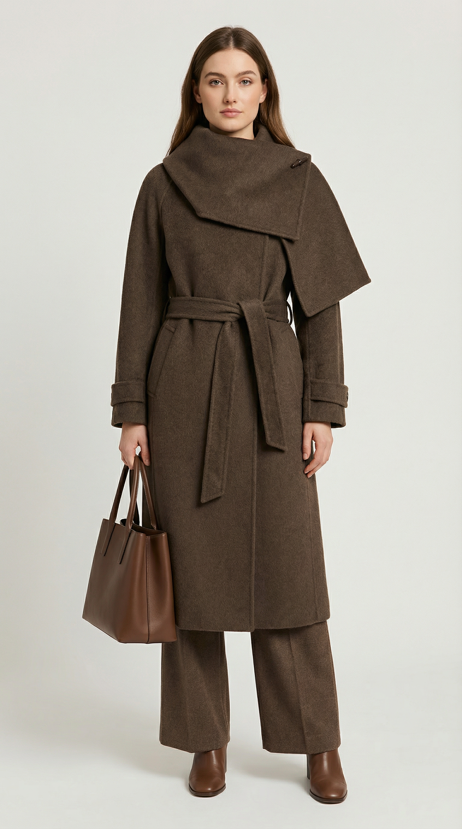 Aurelia - Chaqueta de lana natural doble cara con bufanda suave marrón
