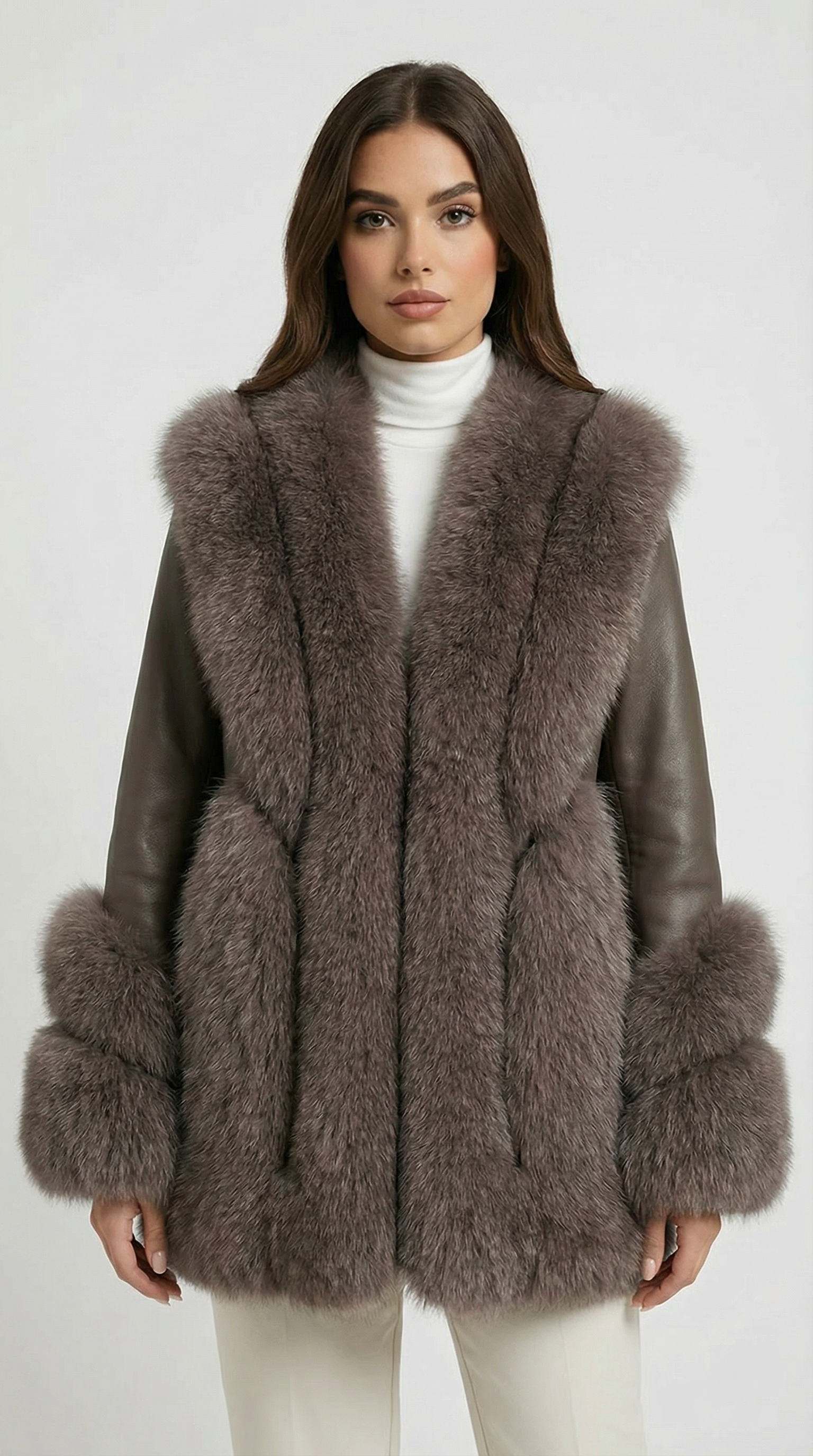 Esker – Fox Fur and Genuine Leather Classic Coat Brown