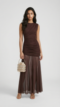 Clair - Minimalist Pleated Sculptural Long Dress Brown
