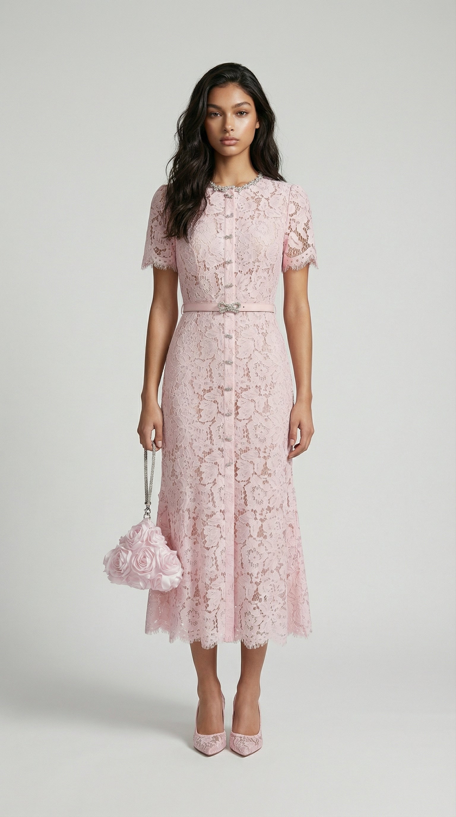 Nory - Elegant Pink Lace Fish-Tail Evening Gown