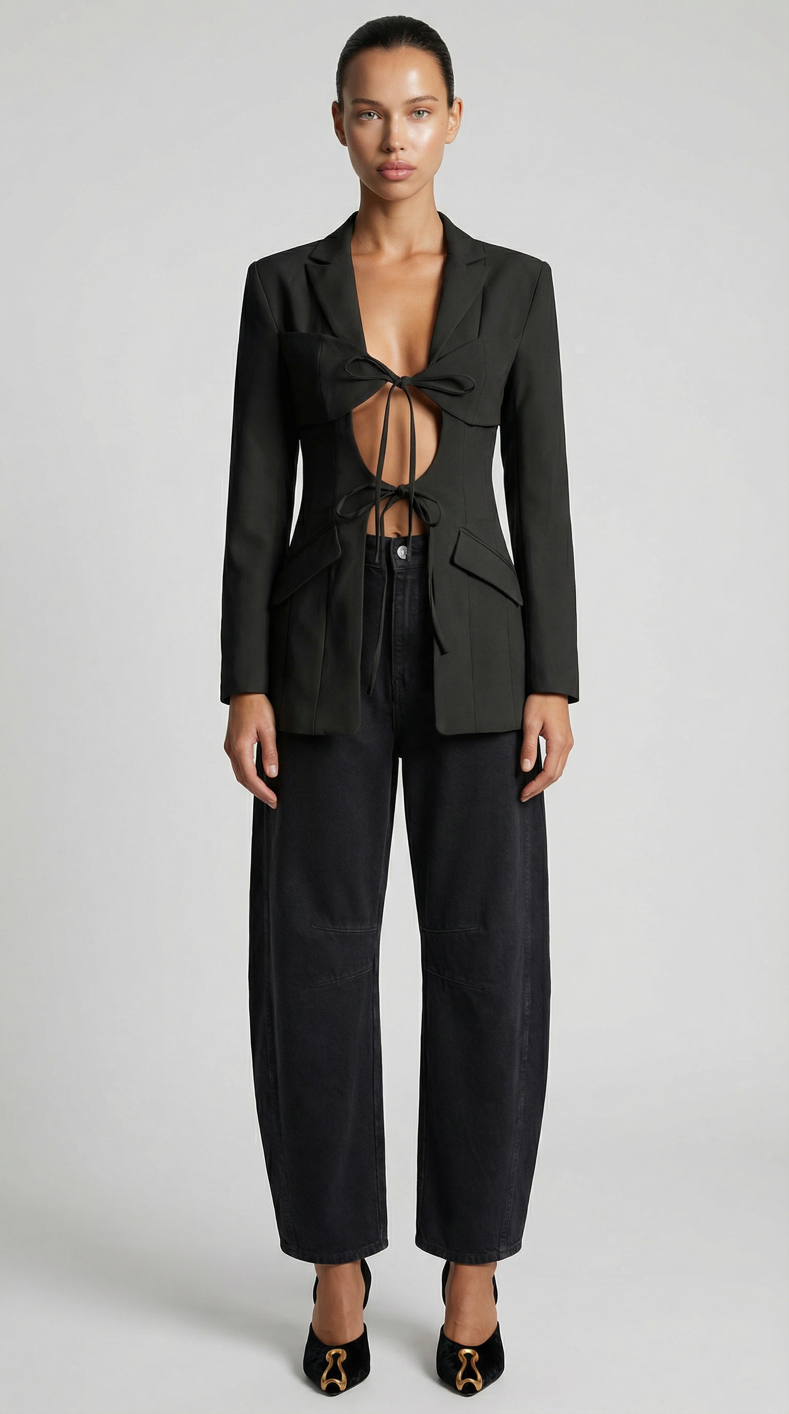 Valier - Architectural Cut-Out Lace-Up Blazer Top Black
