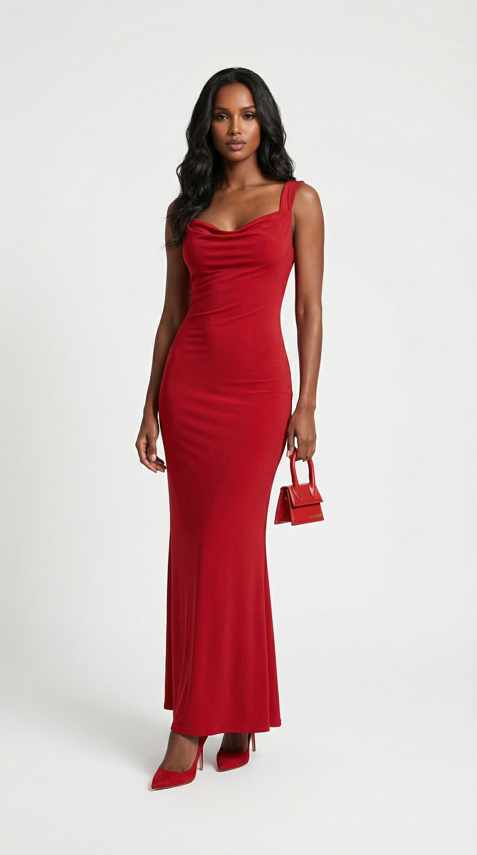 Essa - Sexy Bow Backless Cowl-Neck Maxi Dress Red