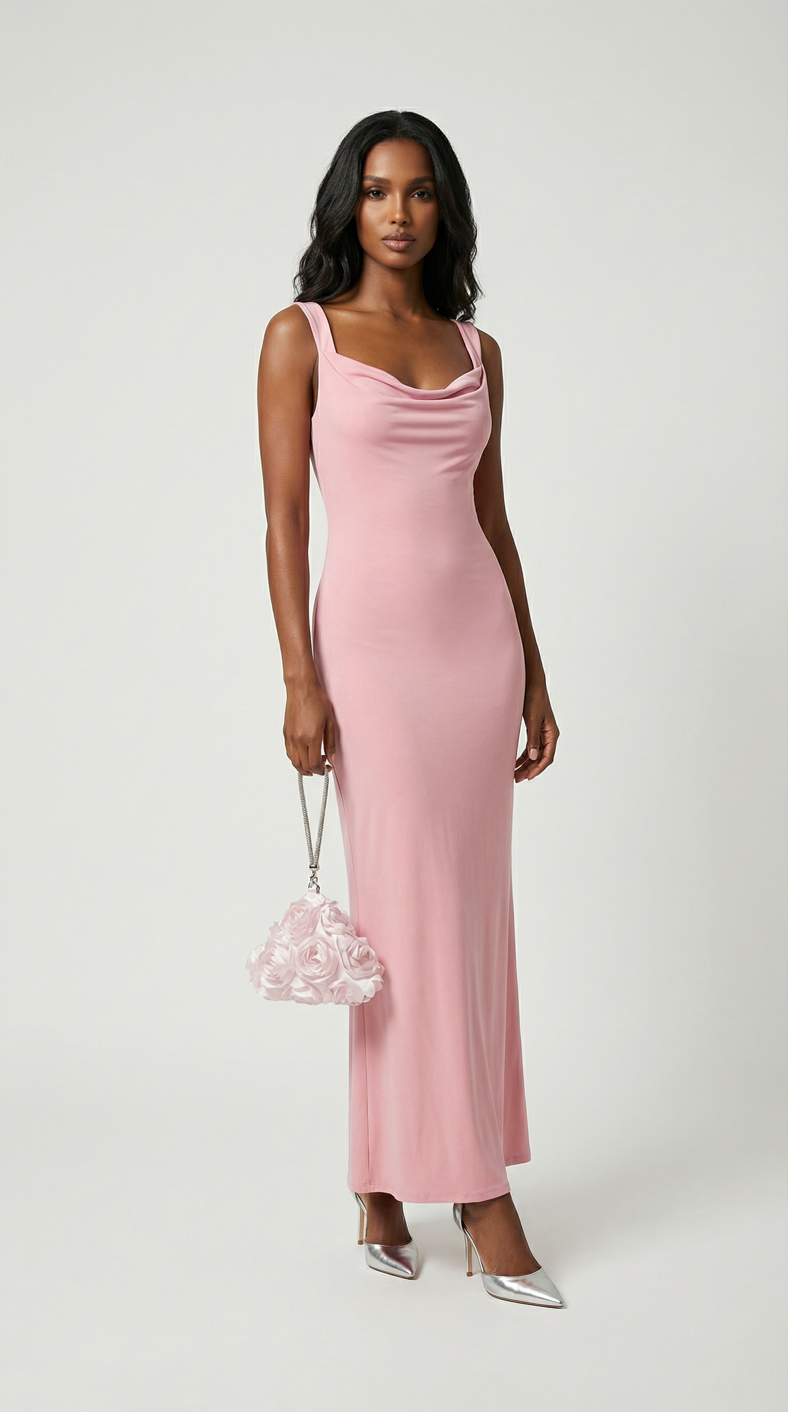 Essa - Sexy Bow Backless Cowl-Neck Maxi Dress Pink