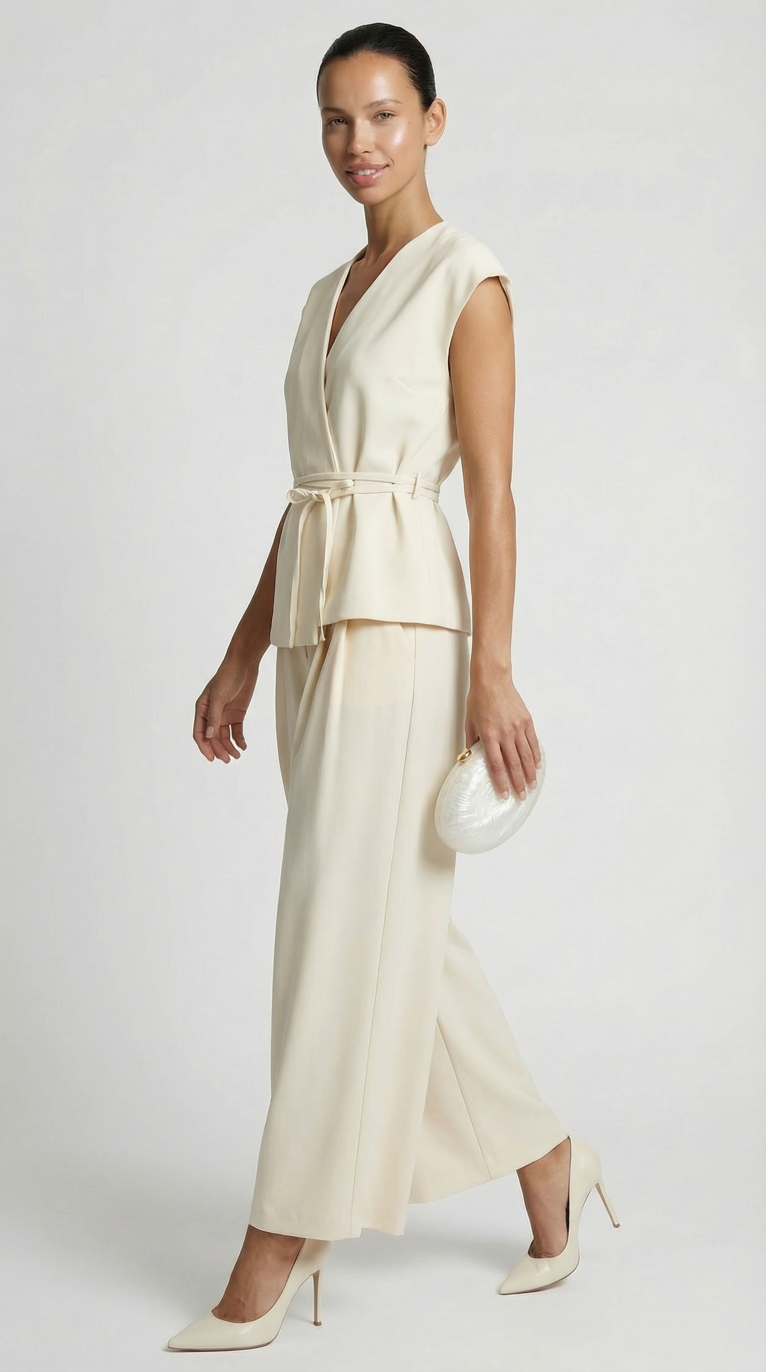 Epure - V-Neck Belted Sleeveless Top Ivory