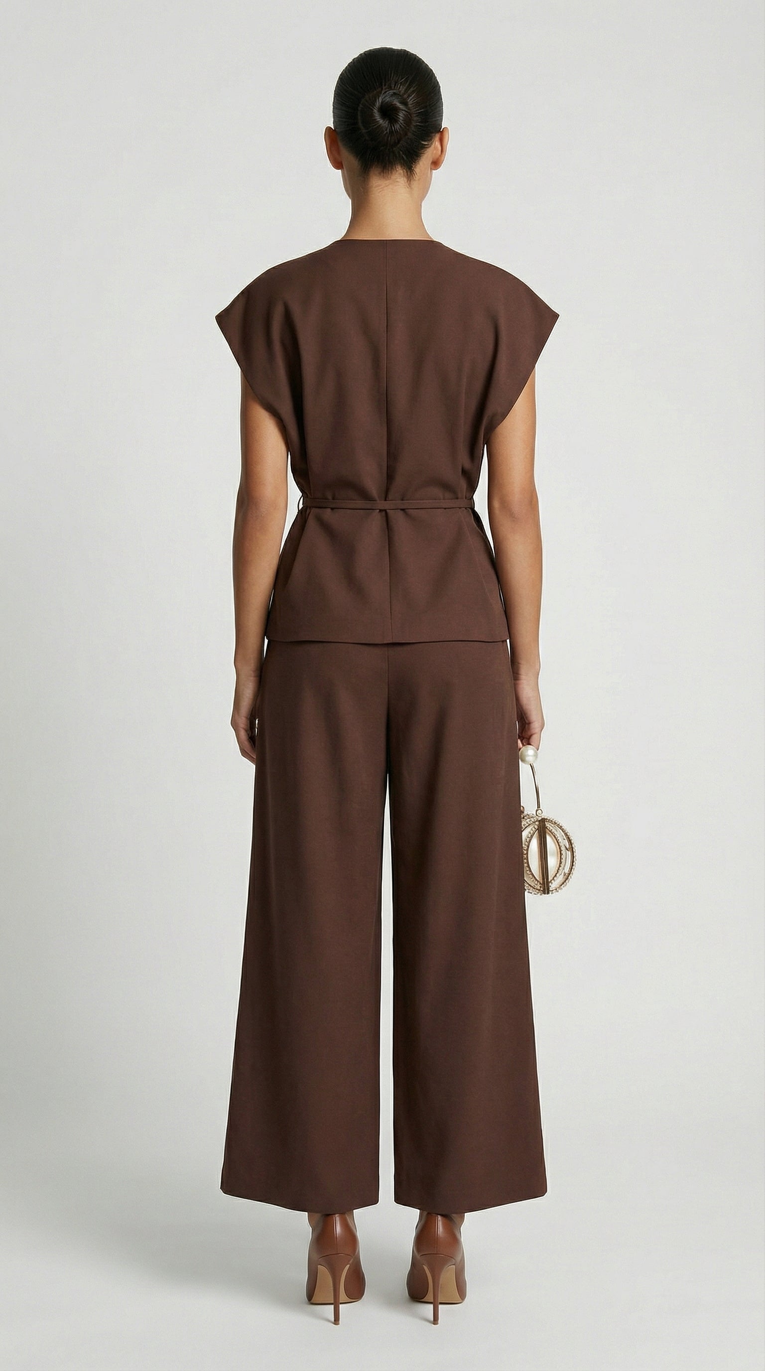 Epure - V-Neck Belted Sleeveless Top Brown