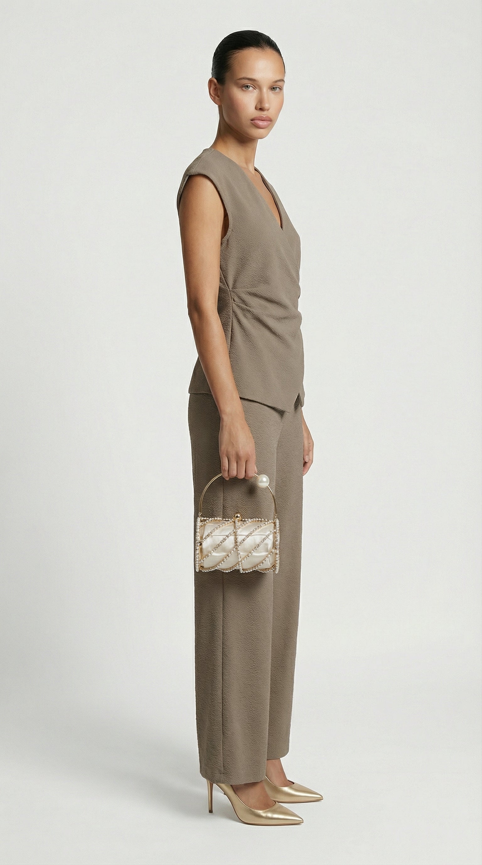 Liora - Ruched Pin-Accent Minimalist Top Light Brown