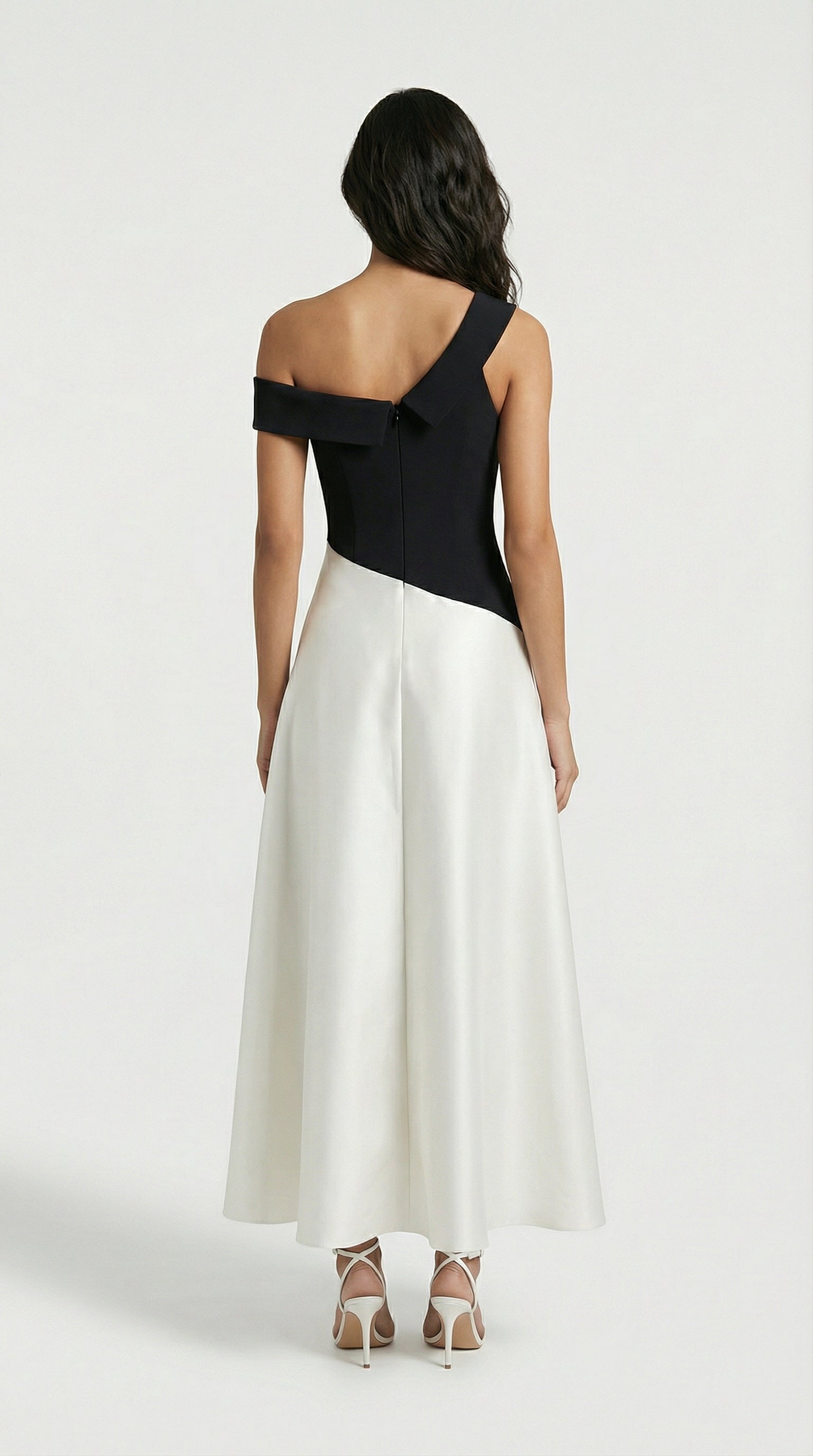 Calmi - Elegant Black & White Block One-Shoulder Dress