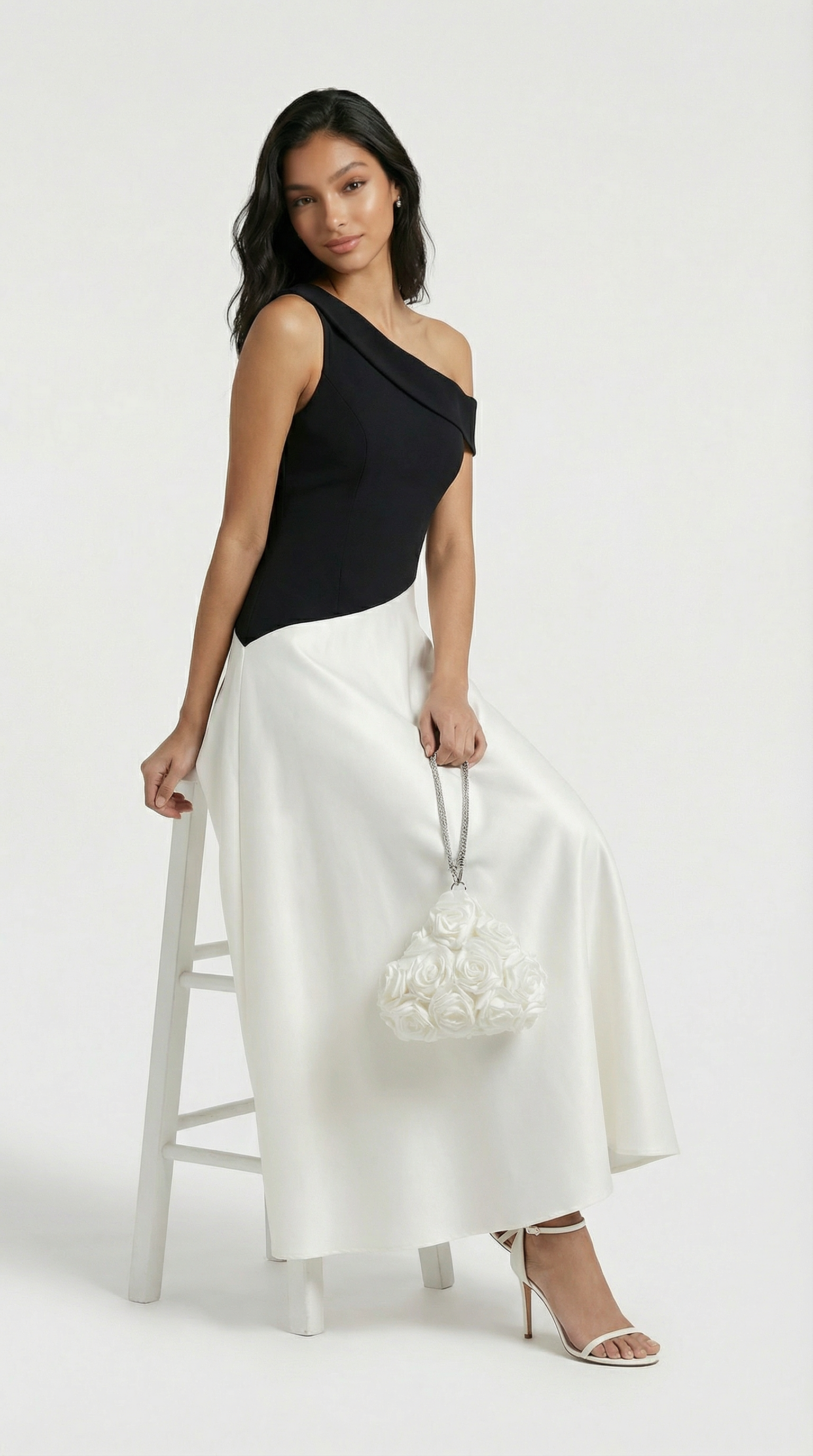 Calmi - Elegant Black & White Block One-Shoulder Dress