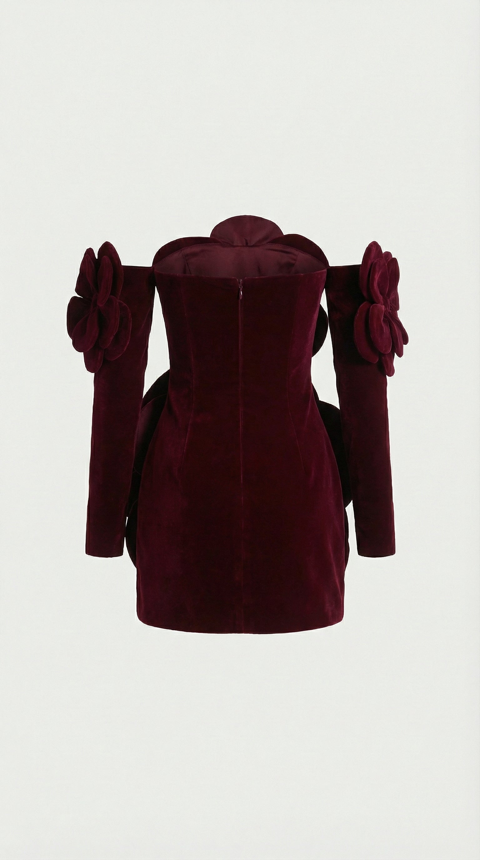Solea - 3D Sculptural Velvet Floral Gown & Gloves Set Red
