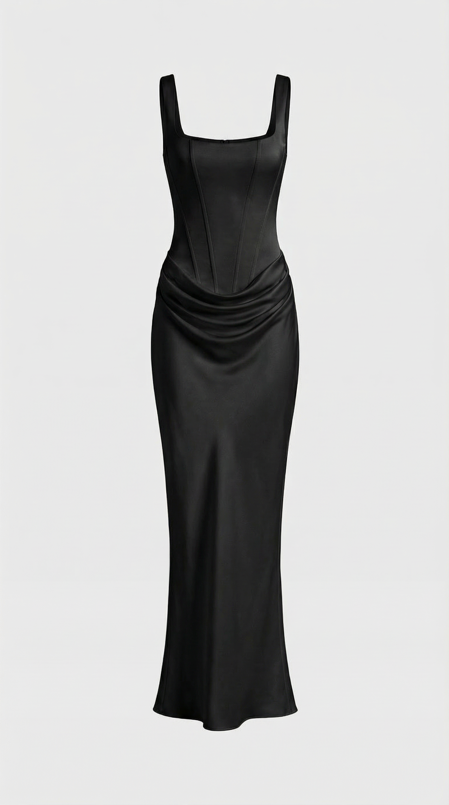 Aveline - Sculptural Fishbone Draped Maxi Dress Black