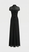 Aurea - Vestido Maxi de Malla Irregular Recortada Rugosa Negro