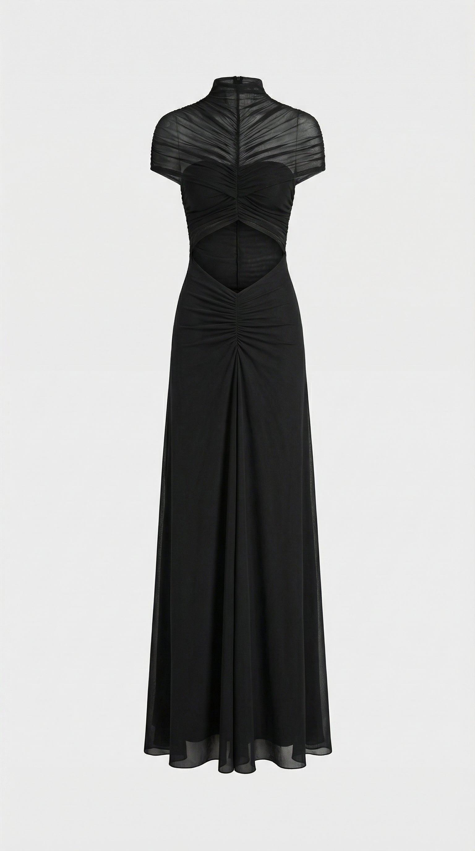 Aurea - Ruched Irregular  Mesh Cut-Out Maxi Dress Black