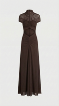 Aurea - Vestido Maxi con Corte Irregular de Malla Rugosa Marrón