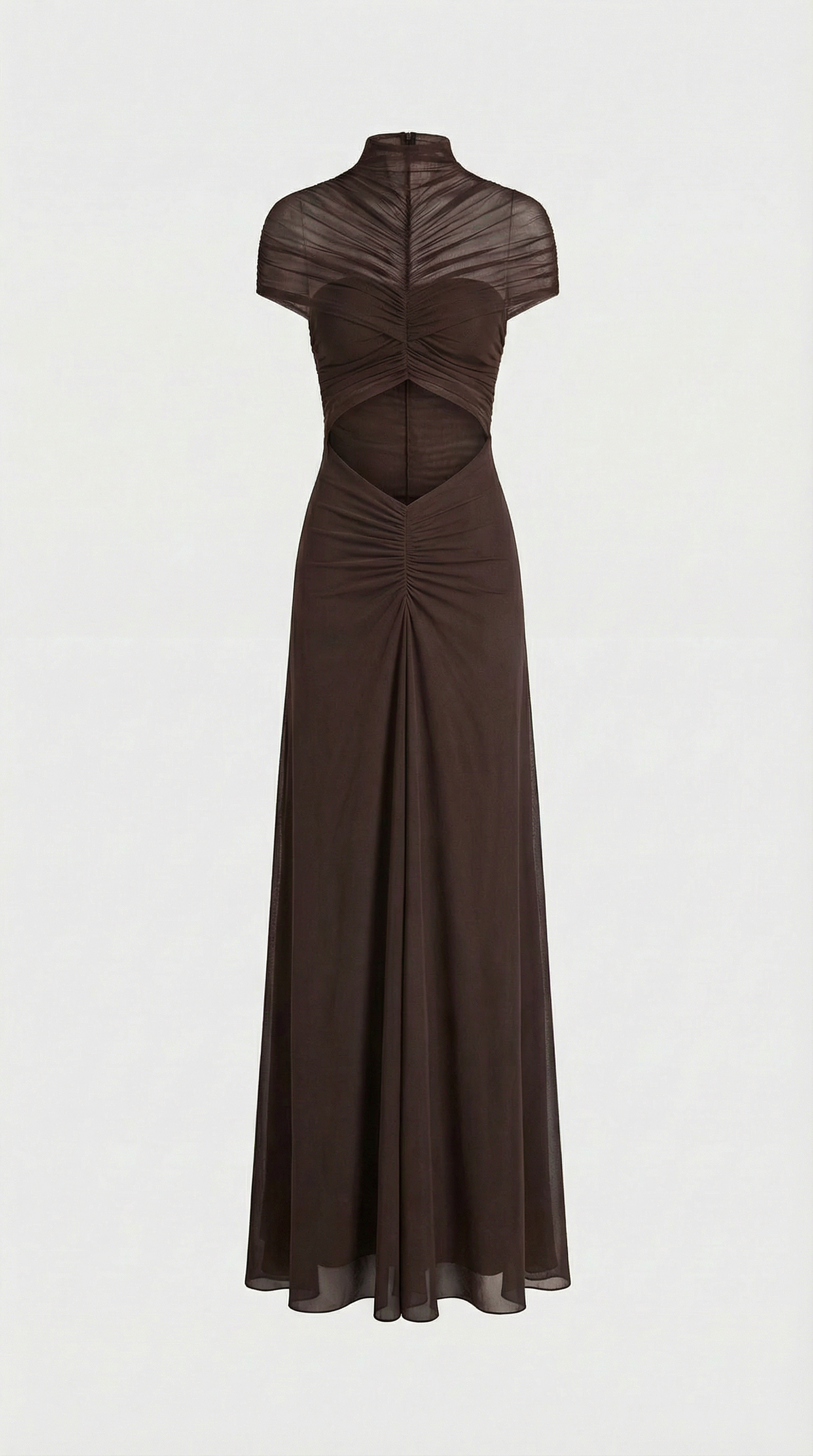 Aurea - Ruched Irregular Mesh Cut-Out Maxi Dress Brown