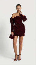 Solea - 3D Sculptural Velvet Floral Gown & Gloves Set Red