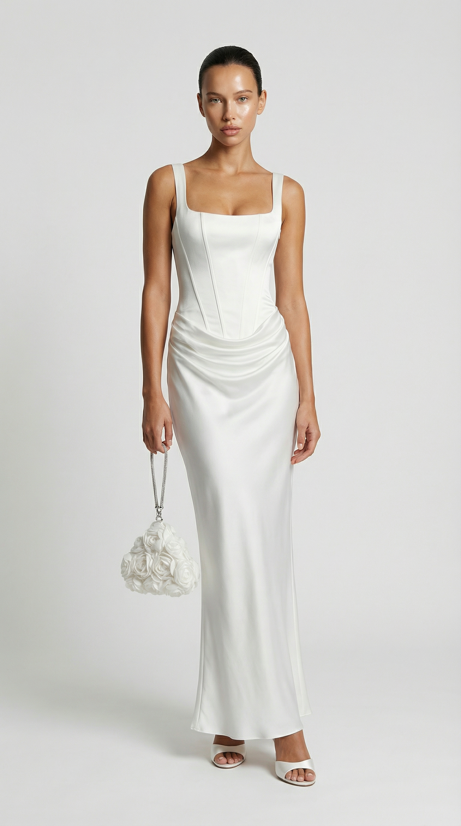 Aveline - Sculptural Fishbone Draped Maxi Dress White