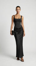 Aveline - Sculptural Fishbone Draped Maxi Dress Black