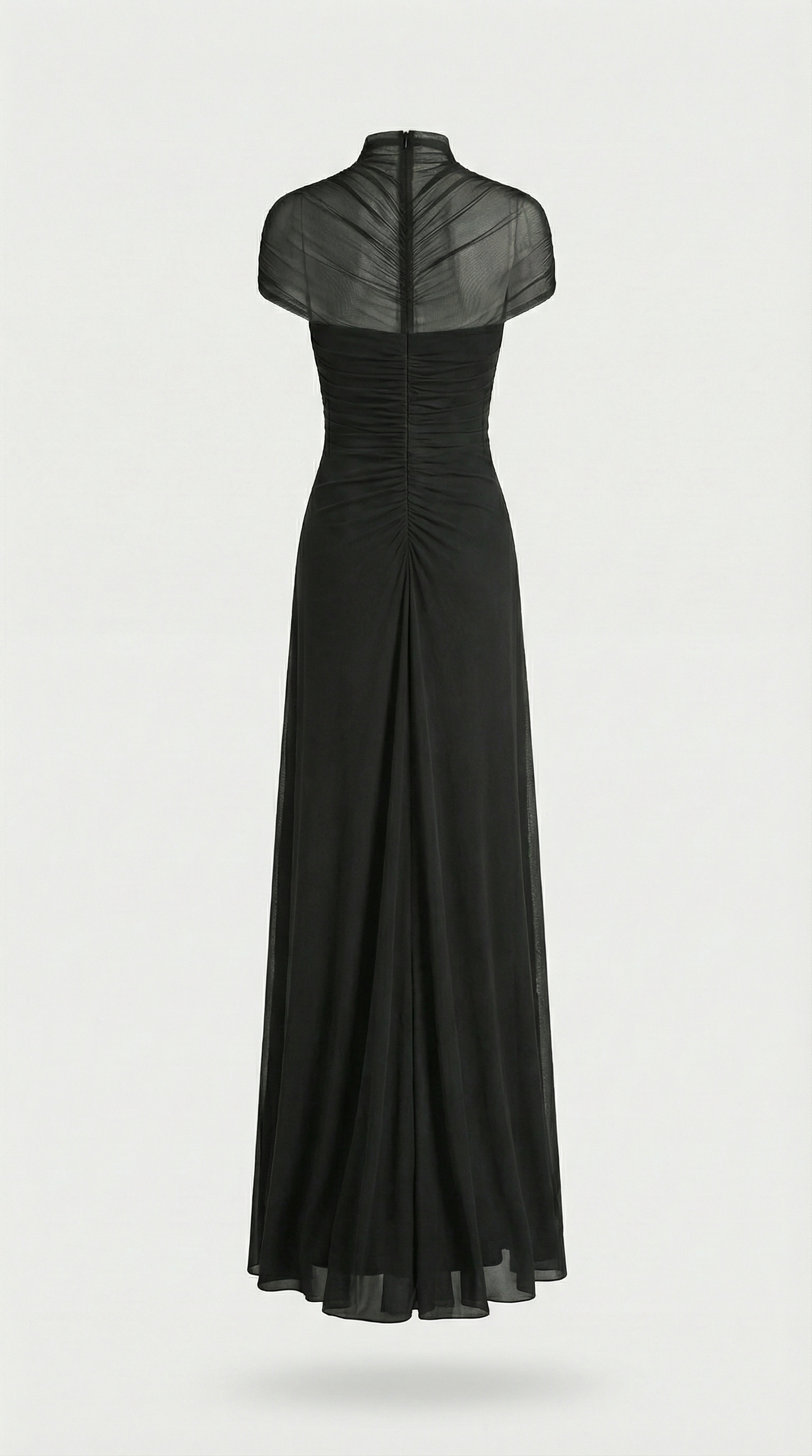 Aurea - Ruched Irregular  Mesh Cut-Out Maxi Dress Black