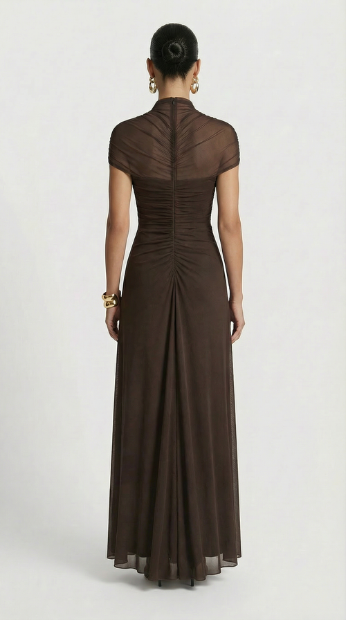 Aurea - Ruched Irregular Mesh Cut-Out Maxi Dress Brown