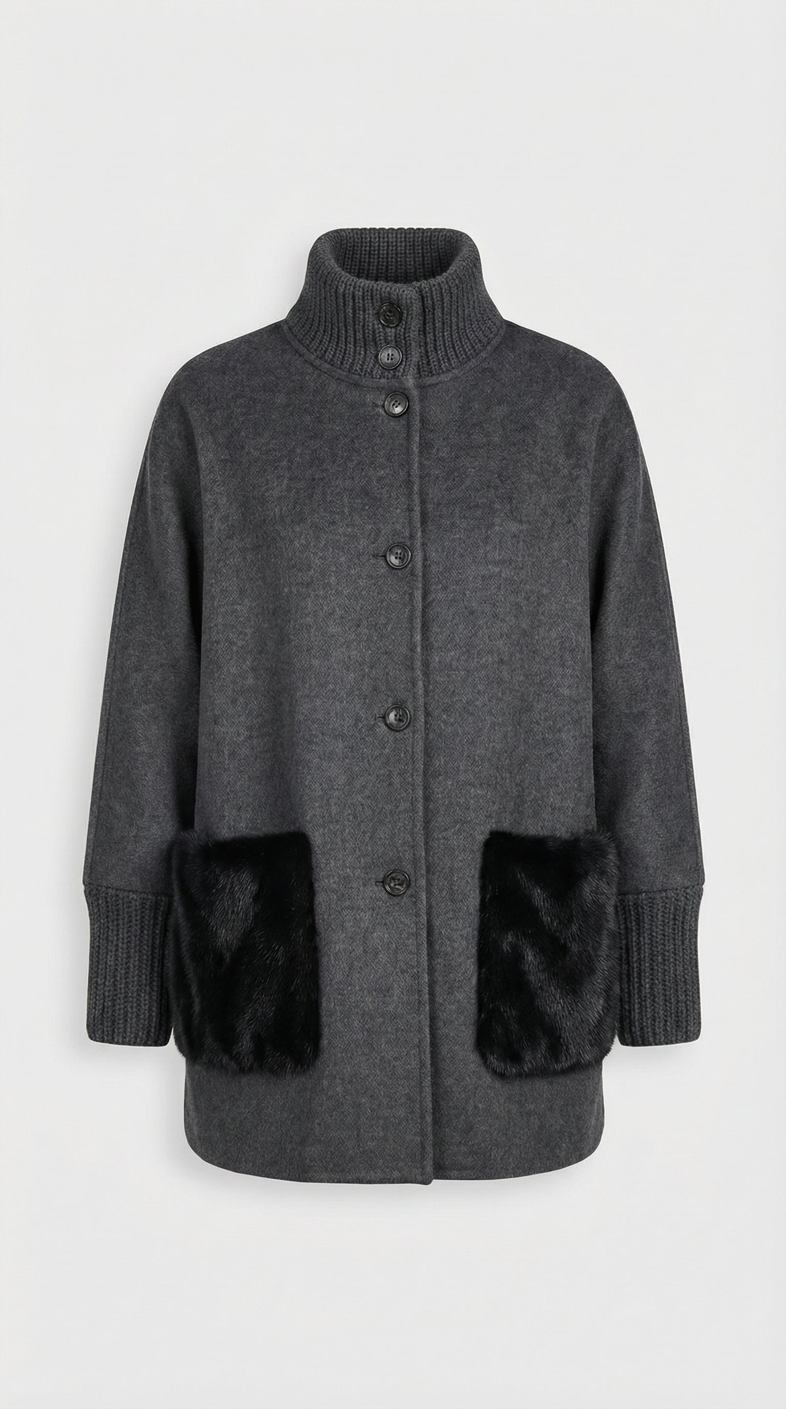 Seriss - Loose Knit Fur Sweater with Standup Collar Gray