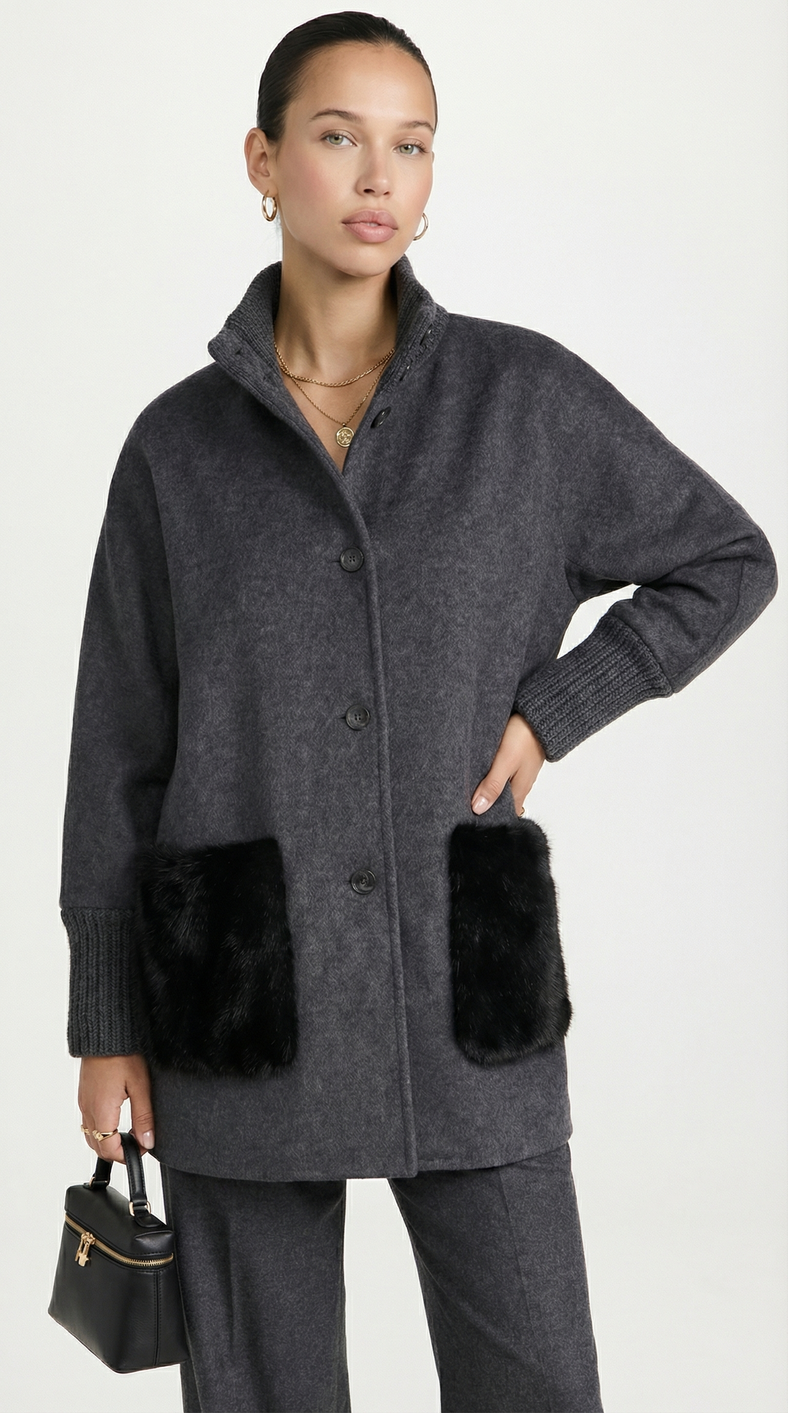 Seriss - Loose Knit Fur Sweater with Standup Collar Gray