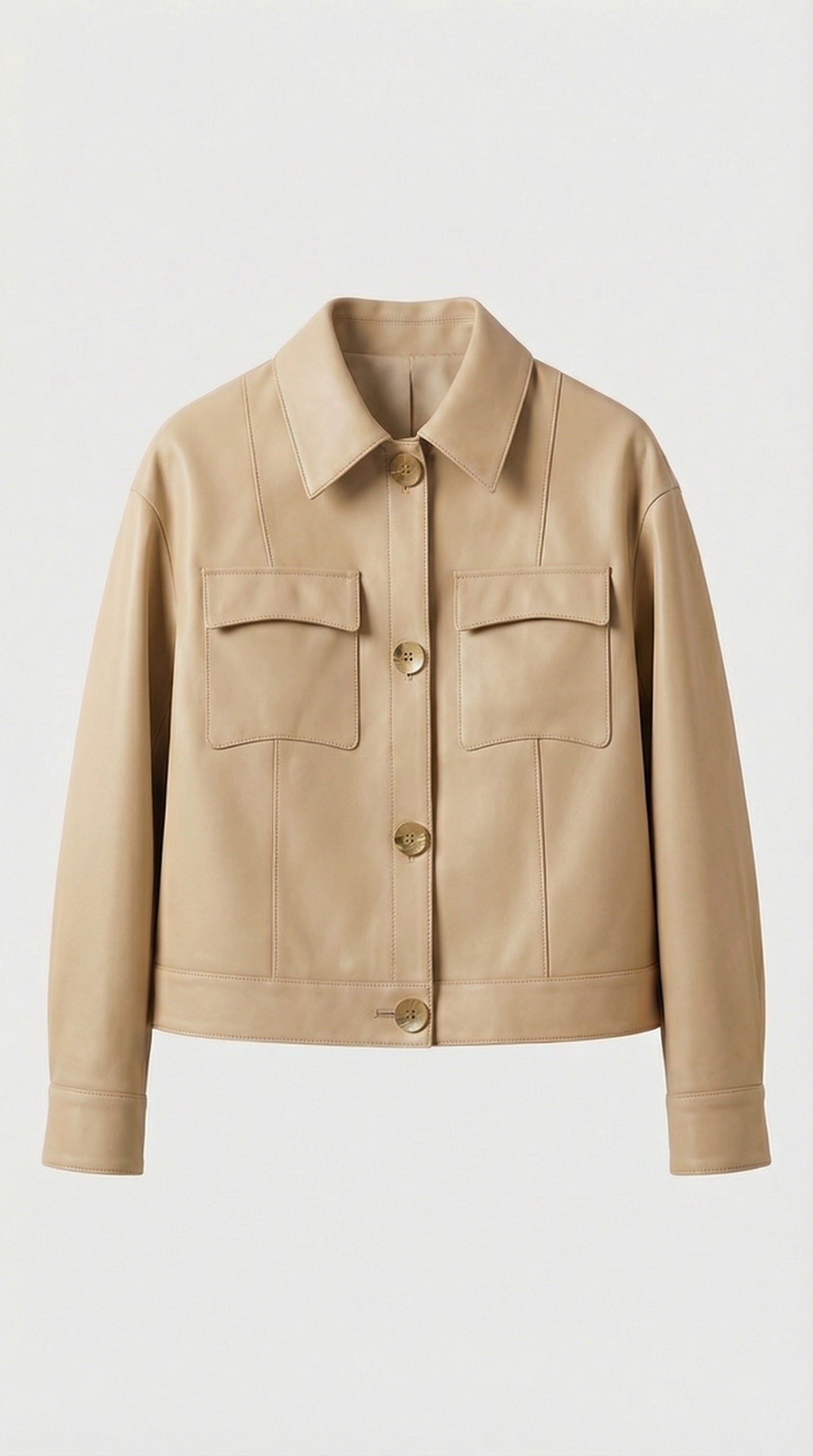 Cela - Square Collar Genuine Leather Short Jacket Beige