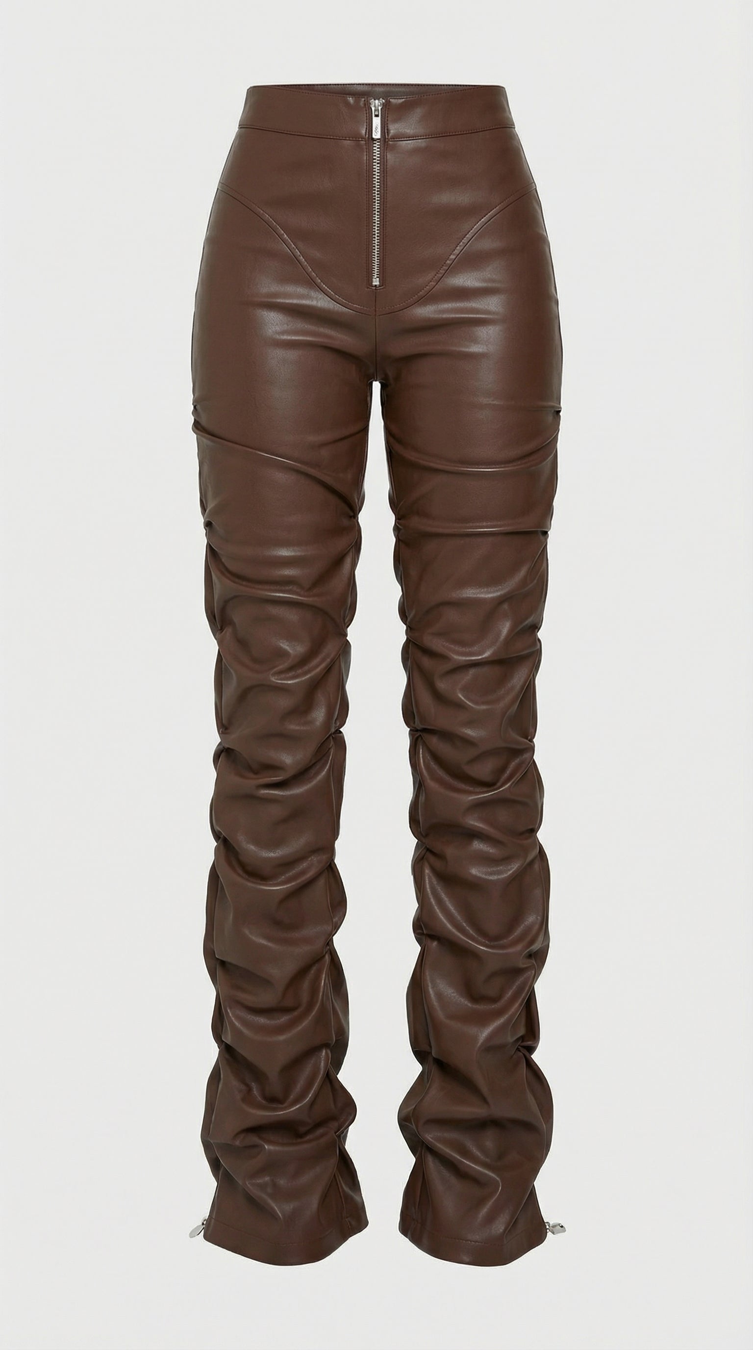 Aven - High-Waist Stacked Vegan Leather Pants Brown