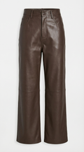 Lira - Pantalones acortados rectos de cuero genuino de cintura alta marrón
