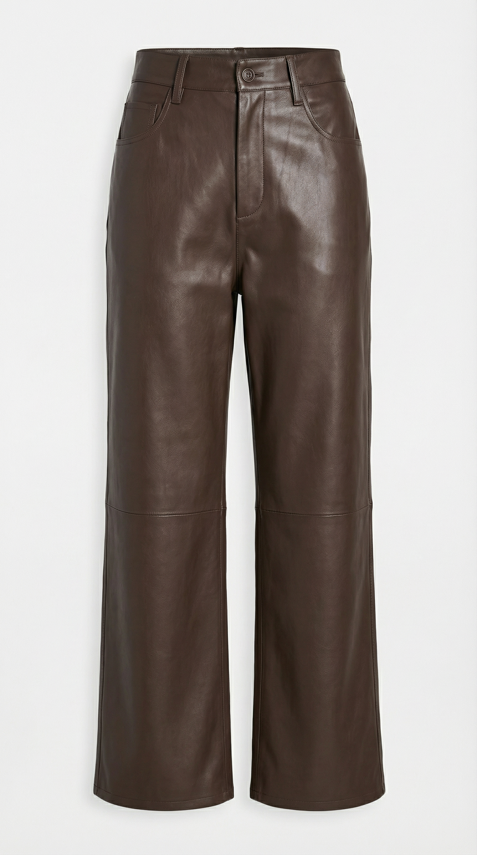 Lira - High Waist Genuine Leather Straight Cropped Trousers Brown