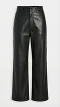 Lira - Pantalones cortados rectos de cuero genuino de cintura alta, negros