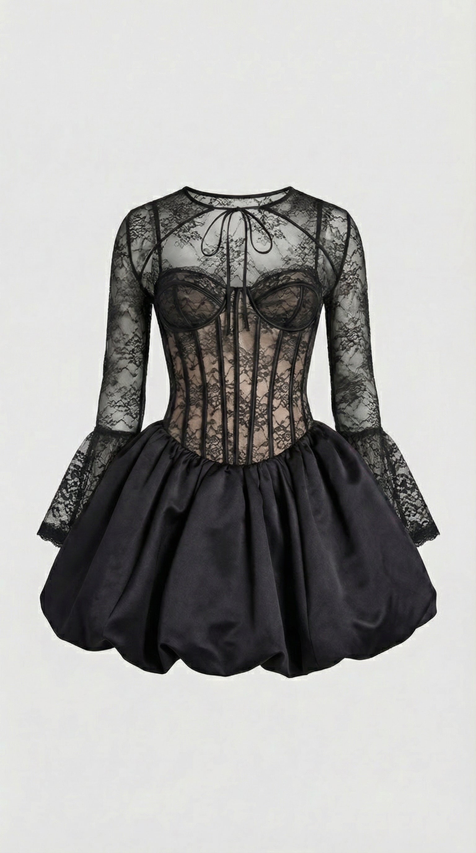 Risa - Black Lace Puffball Mini Dress