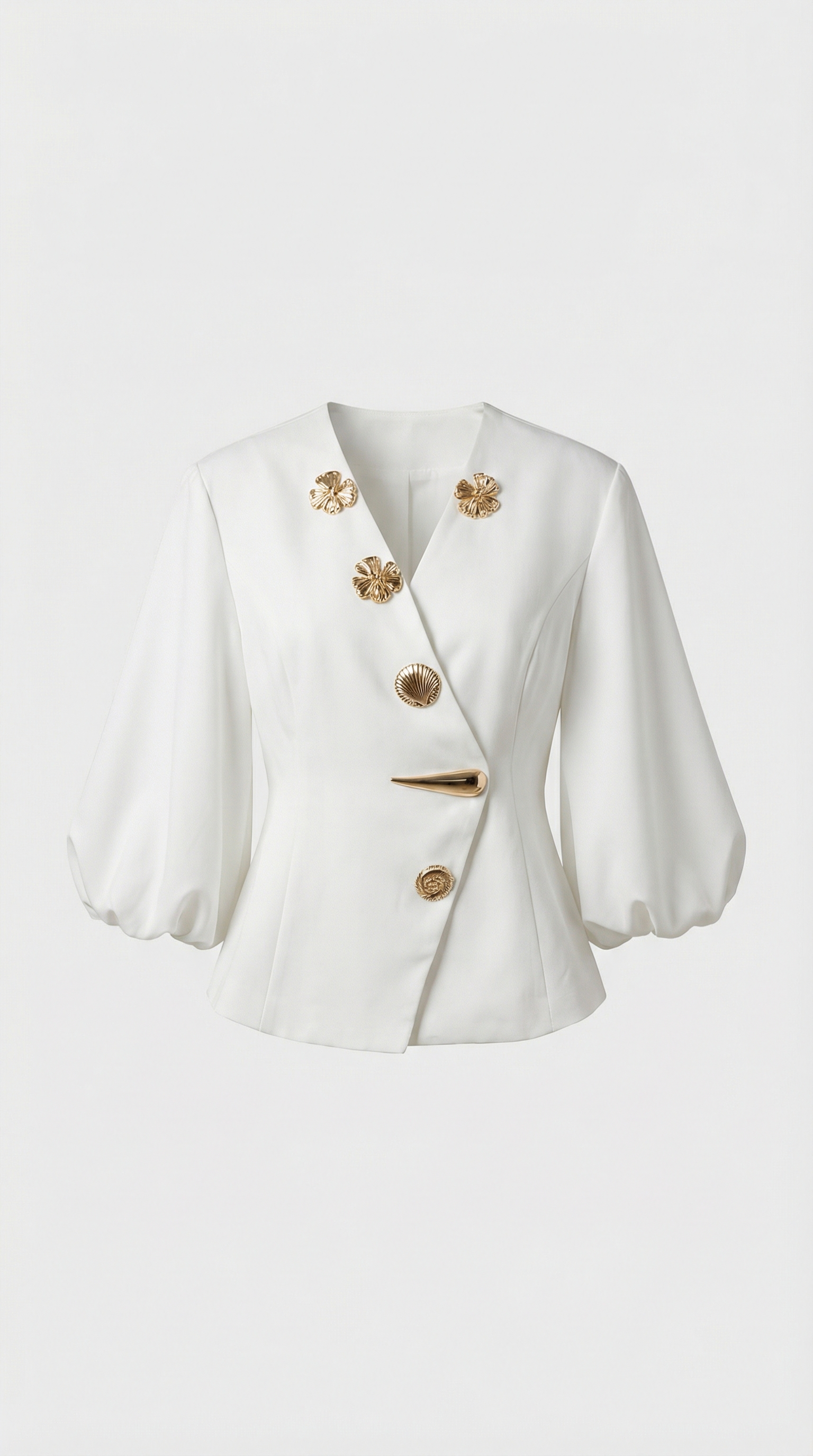 Keni - Metal-Button Puff-Sleeve Top White