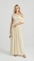 Leni - Diagonal Collar Pleated Irregular Dress Ivory