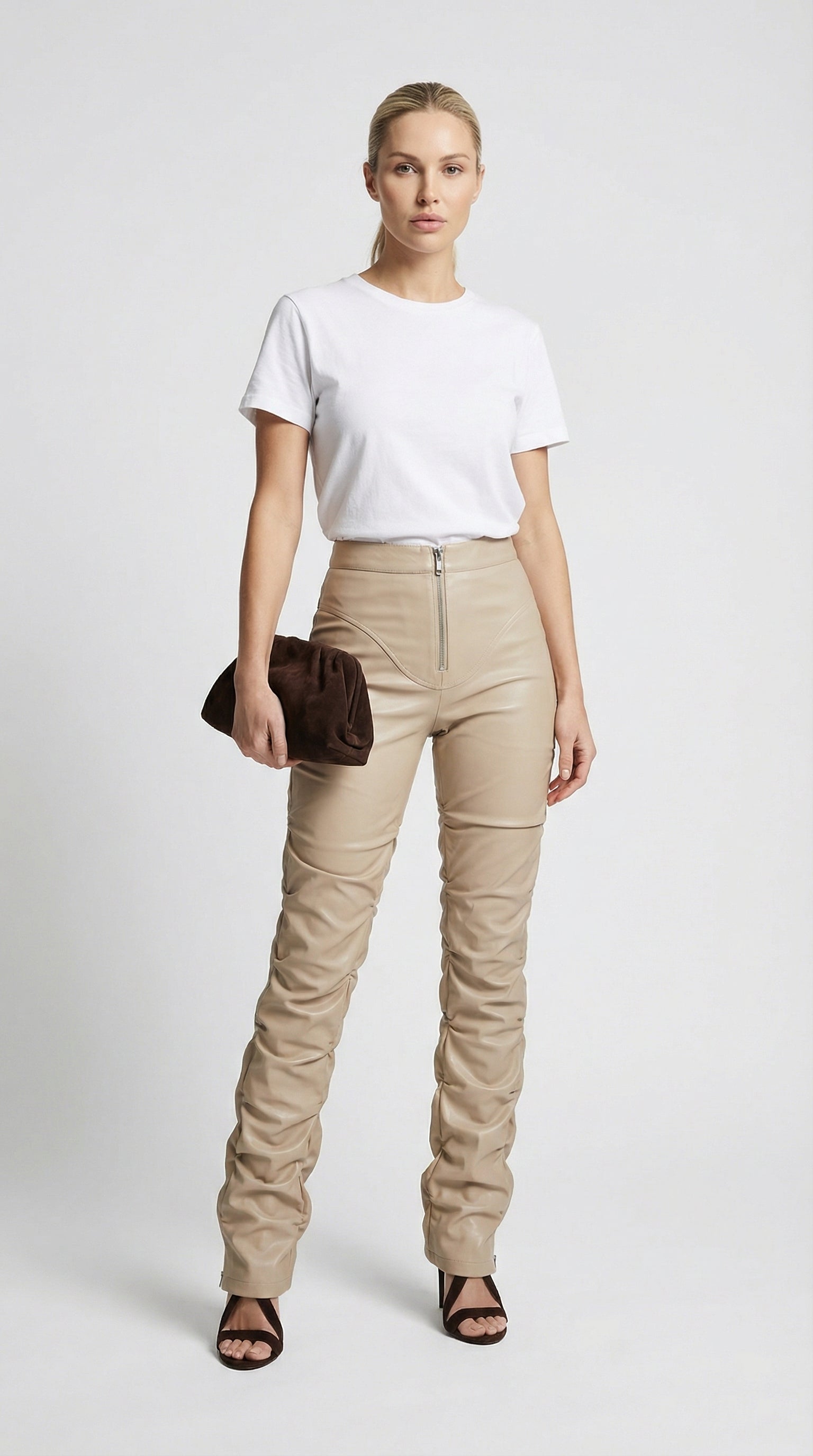 Aven - High-Waist Stacked Vegan Leather Pants Ivory