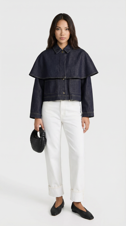Asha - Cape Layered Denim Button Jacket